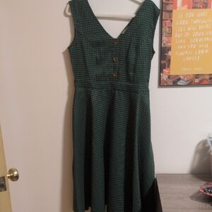 Green Houndstooth Sleevelessw/Pockets Dress Sz L P2P:18.5 Wa:16in Shoul2hem:44